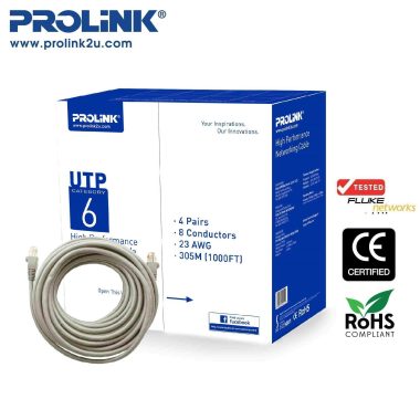 Prolink CAT6 UTP Network Ethernet Cable 305 Meters (Gray)

High performance CAT6 ethernet LAN cable provides universal connectivity to your home or office for high-speed network
Supports Gigabit Ethernet (1000 Base-T) standard with transmission bandwidth of up to 250MHz
Future-proof your network for 10-Gigabit Ethernet (backwards compatible with any existing Fast Ethernet and Gigabit Ethernet)
4-pair unshielded twisted pair (UTP) cable with 23 AWG conductor
Thicker conductor diameter for higher reliability and higher data rates
Higher signal-to-noise ratio
Packaged in an easy-to-pull box for convenience installation